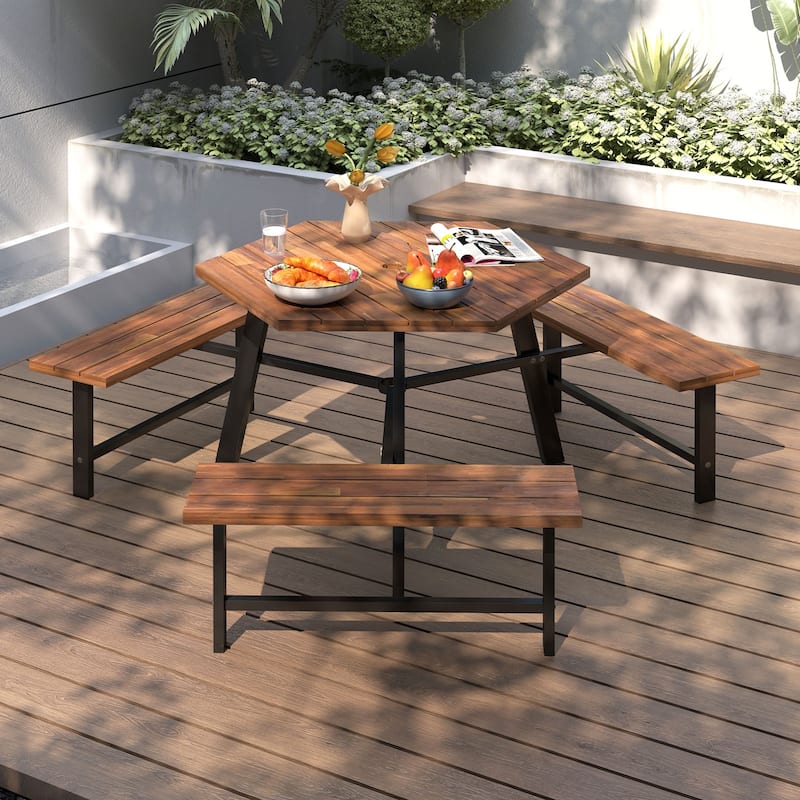 Gymax 6 Person Acacia Wood Picnic Table Bench Set w/3 Seats Umbrella