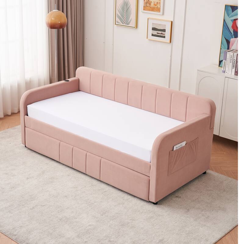 Twin Size Velvet Upholstered Daybed, Wood Sofa Bed Frame Daybed Couch with Trundle Bed and Wood Slat