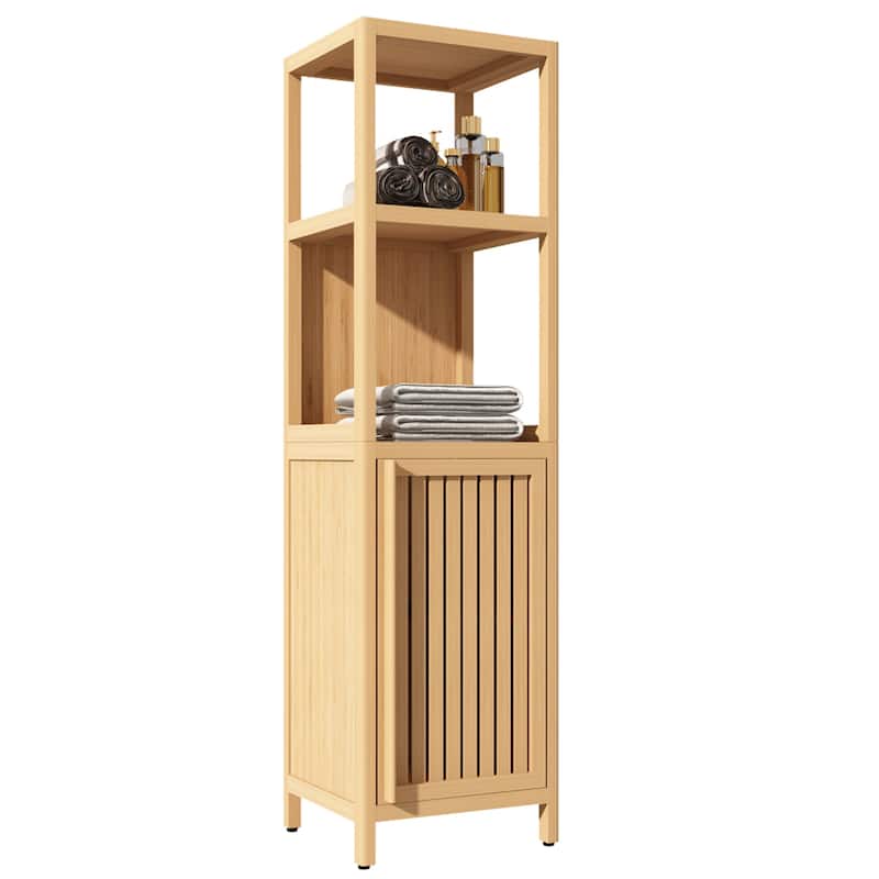 52" Tall Wood 1-door Bathroom Cabinet in Natural with Open Shelf