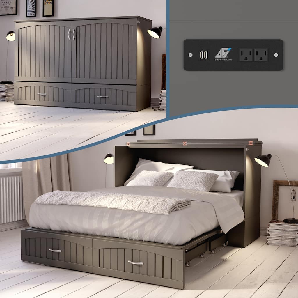 Southampton Queen Murphy Bed Chest with 6" Mattress, Storage Drawer & Built-In Charger in Grey