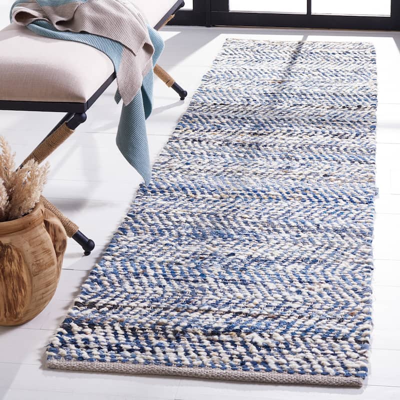 SAFAVIEH, Handmade Natura Janka Wool & Leather Rug - 2'3" x 7' Runner - Blue/Ivory