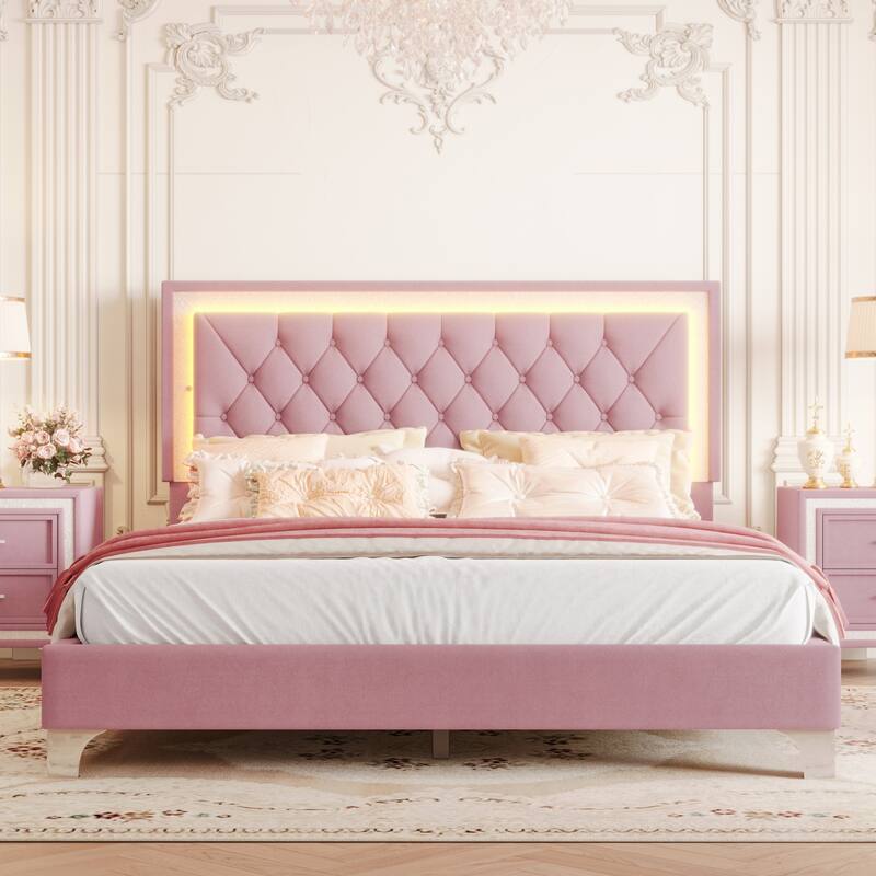 Queen Size Upholstered Bed Frame with LED Lights, Modern Velvet Platform Bed with Tufted Headboard, Pink - Pink
