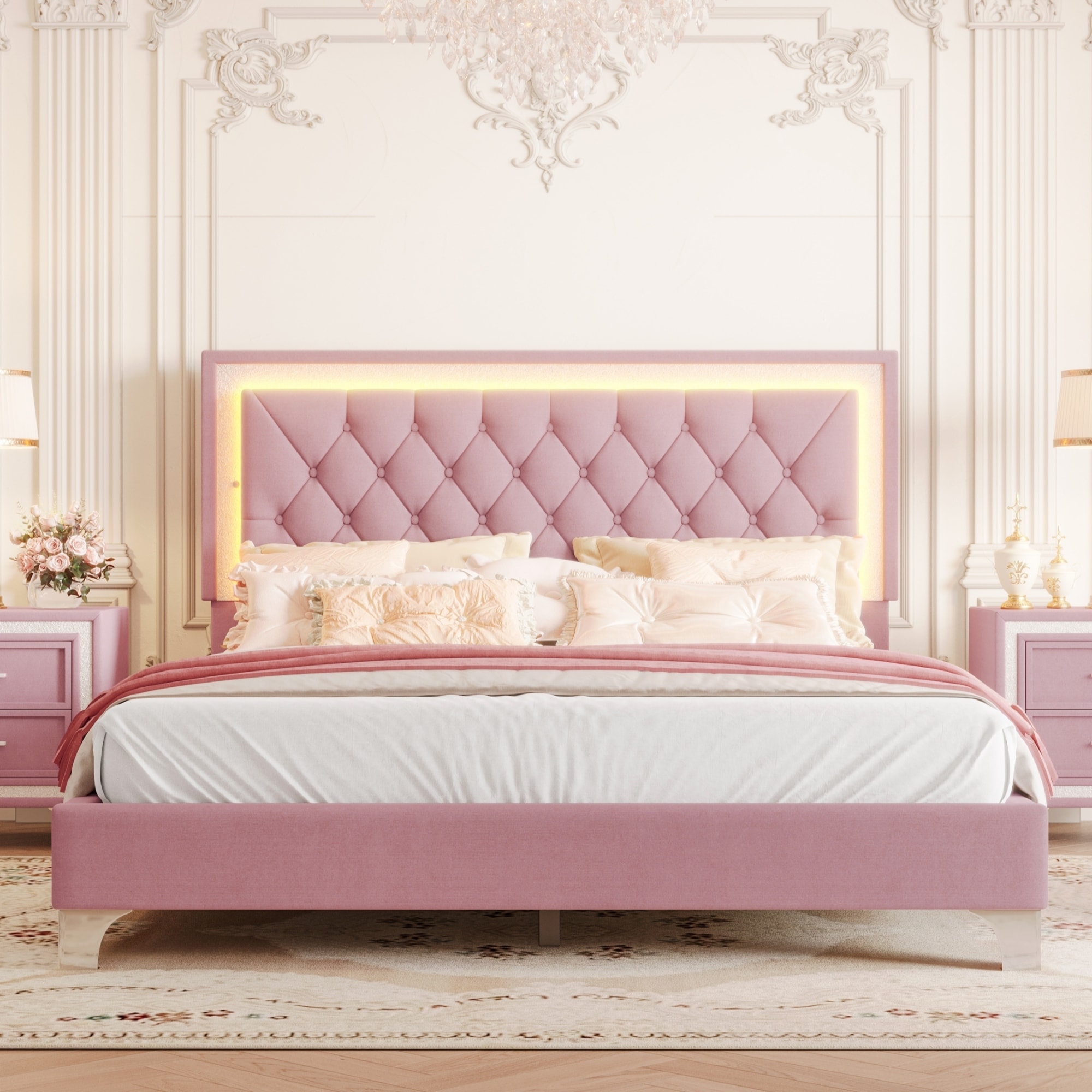 Queen Size Upholstered Bed Frame with LED Lights, Modern Velvet Platform Bed with Tufted Headboard, Pink