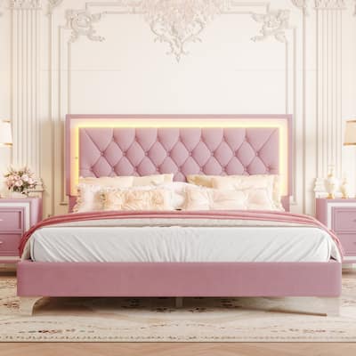 Queen Size Upholstered Bed Frame with LED Lights,Modern Velvet Platform Bed with Tufted Headboard