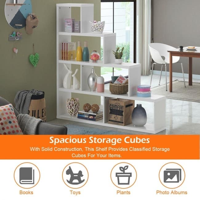6 Cubes Ladder Shelf Corner Bookshelf Storage Bookcase-White - 61" x 11" x 64"(L x W x H)