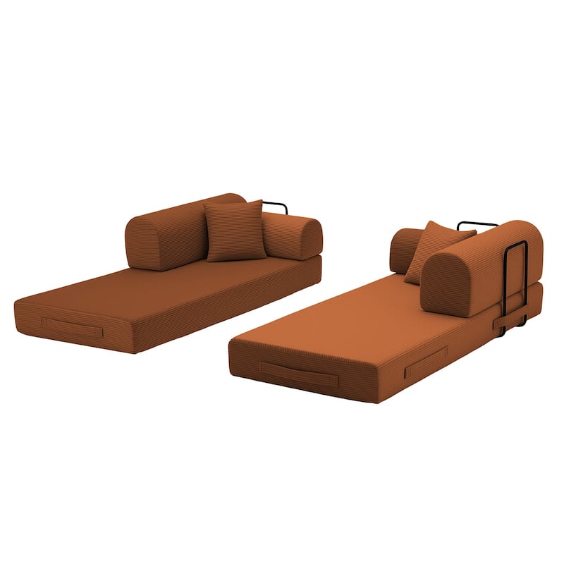 Convertible Sleeper Sofa Bed with Cylindrical Pillow, Corduroy Folding Mattress Couch with Fixed-Shape Frame for Bedroom