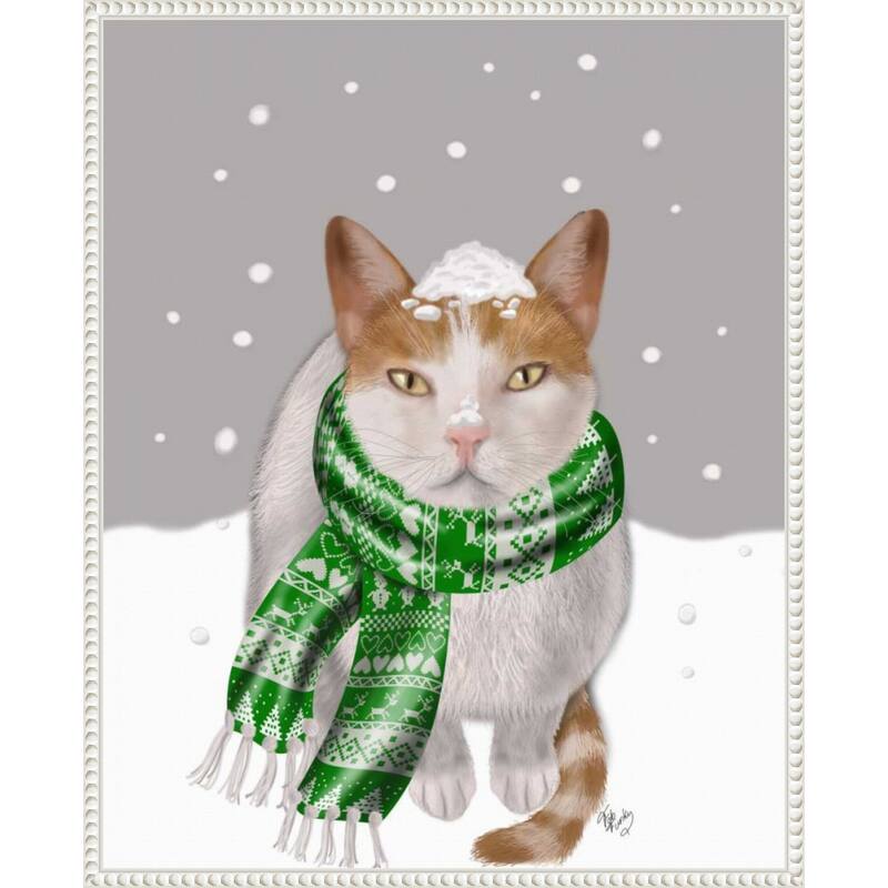 White Cat Green Scarf by Fab Funky (23 x 28 in.), Framed Canvas Wall Art Print - Sylvie Beaded White