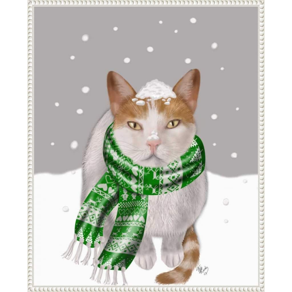 White Cat Green Scarf by Fab Funky (23 x 28 in.), Framed Canvas Wall Art Print - Sylvie Beaded White