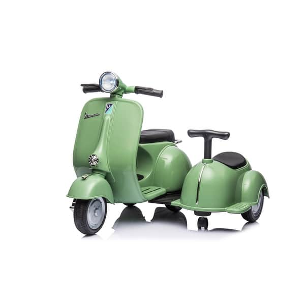 slide 2 of 69, 6V Licensed Vespa Scooter Motorcycle with Side Car for Kids - Classic Design & Safe Fun Green