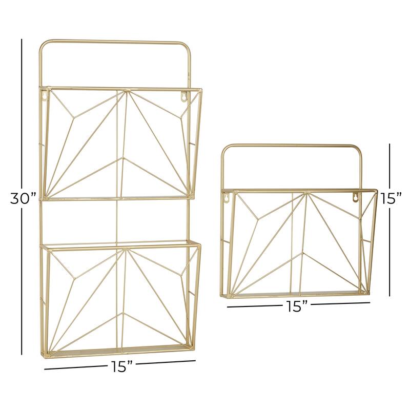 Metal Geometric 3 Slot Wall Shelf - Set of 2 Gold - Roche River Decor - 5"W x 15"L x 30"H