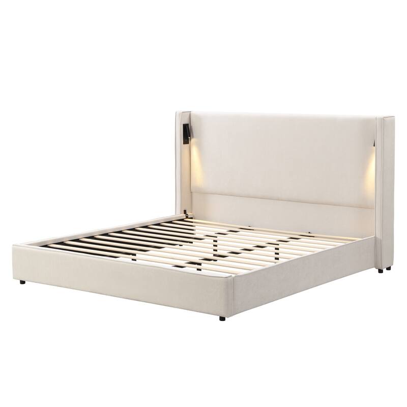 Beige Upholstered Bed Frame with High Wingback Headboard, Reading Lamp and USB Port, Low-Profile Platform Bed for Bedroom