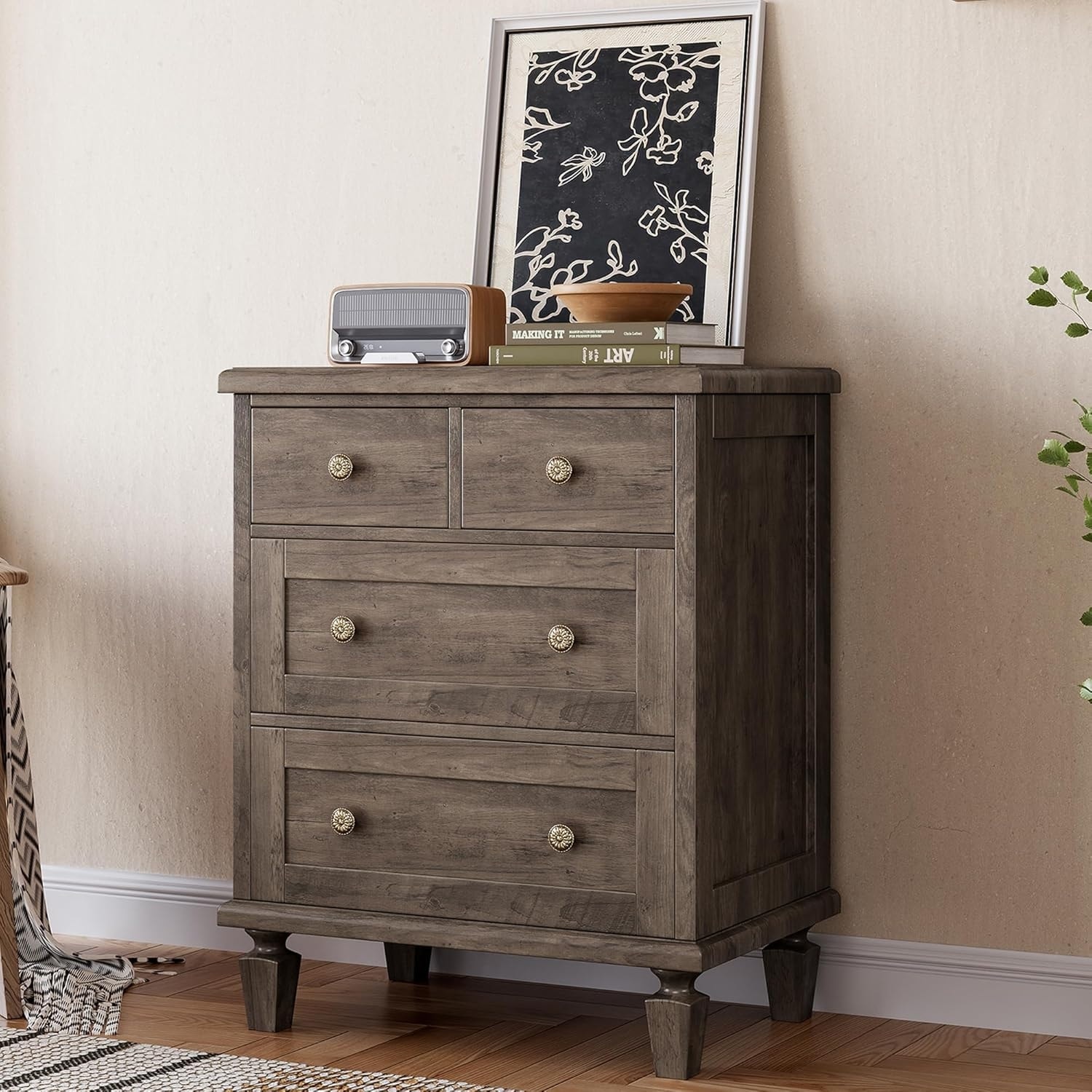 4 Drawer Vintage Dresser for Bedroom with Carved Handles and Tapered Legs