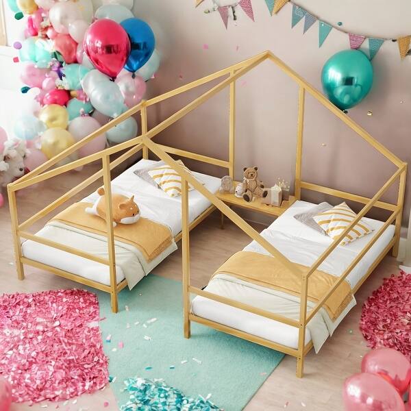 slide 2 of 9, Metal Double Twin Size Triangular House Beds with Built-in Table for Home Gold