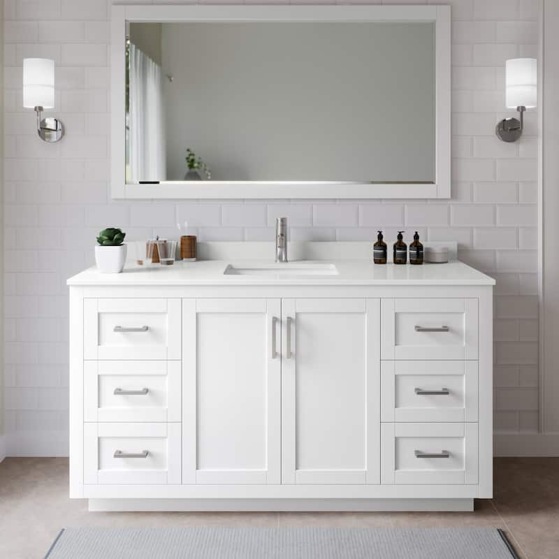 Wyndham Collection WCF292966S-QTZ-UNSM58 Miranda 66" Free Standing - White / White Quartz Top / Brushed Nickel Hardware