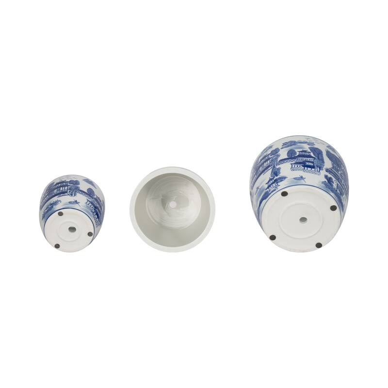 Set of 3 Ceramic Planters Contemporary Vintage Style Blue and White Planters with Chinoiserie Style Design for Home or