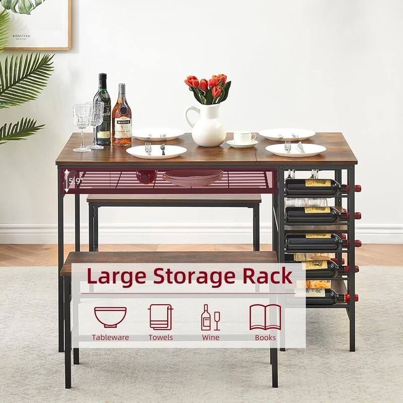 Dining Table Set with 2 Benches and Storage Shelf, Rectangular Table for Small Dining Area or Apartment
