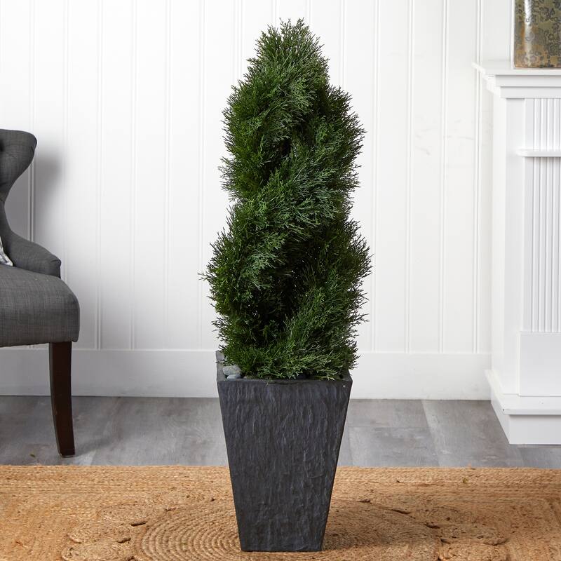 4ft Cypress Double Spiral Topiary Artificial Tree in Slate Planter with UV Resistant Foliage for Entryway or Office
