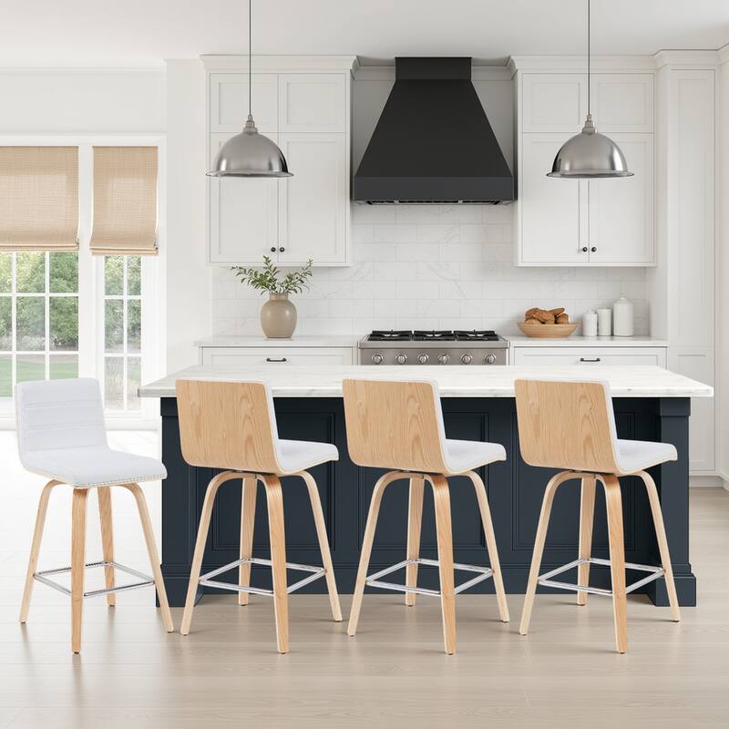 Skara Mid-Century Swivel Counter Stool, Upholstered Counter Height Chair with Bentwood Legs - White Faux Leather  & Oak - Set of 4