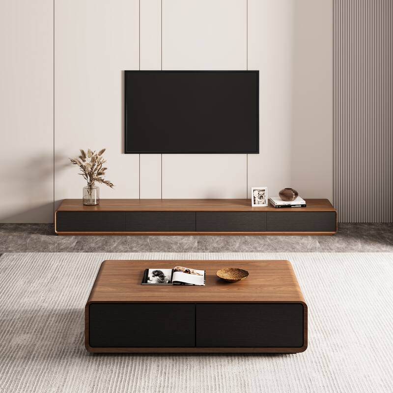 Modern Rectangular TV Stand with 4 Drawers, Wood Veneer Media Console, Walnut White, Soild Wooden, Fully-Assembled - 94.48" - Walnut & Black