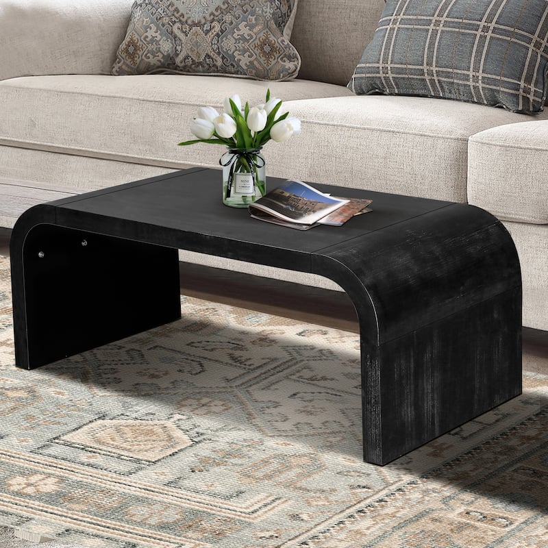 Roomfitters 48" Coffee Table, Curved Art Deco Center Table, Farmhouse Wood Cocktail Table, Antique Black