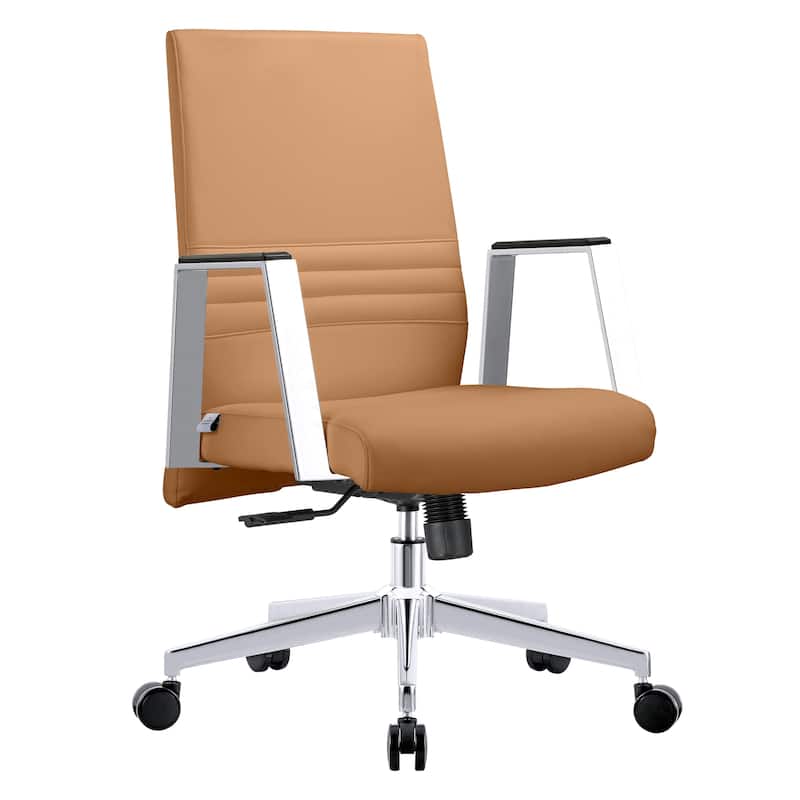 Mid-Back Leather Office Chair in Iron Modern Ergonomic Swivel Lift Tilt Computer Task Chair - Acorn Brown