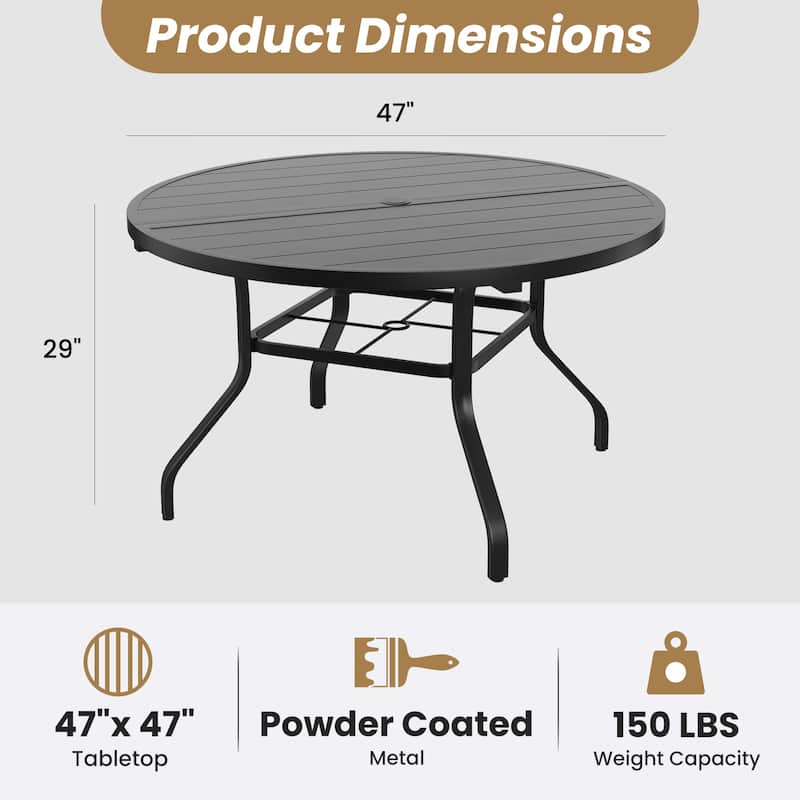 Round Outdoor Patio Dining Table, 47" Round Patio Table Wood-Like Grain with 1.57" Umbrella Hole, Metal Outdoor Dining Tables