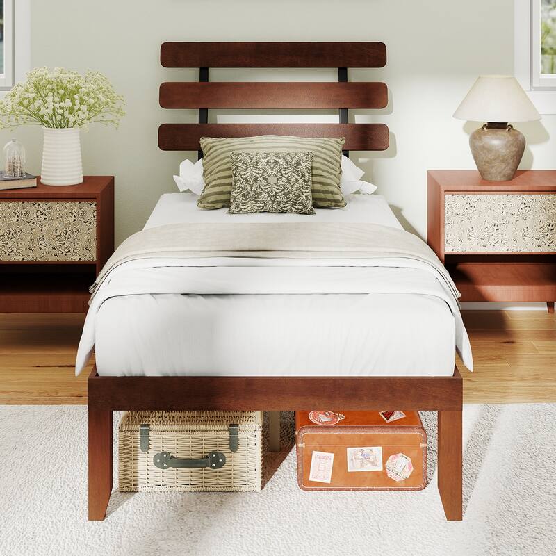 Walnut Twin Size Wooden Platform Bed Frame with Vintage Headboard and Under Bed Storage Solid Rubber Wood Construction
