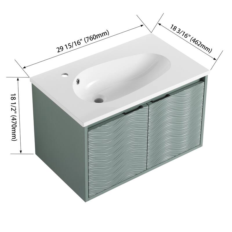 30 inch Wall-Mounted Bathroom Vanity Set in Green with Integrated Resin Sink