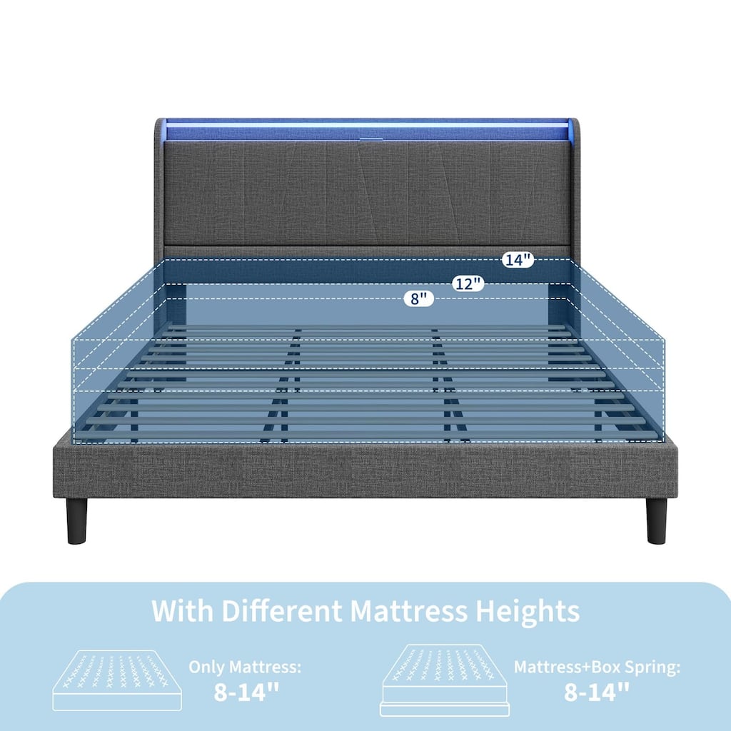 Bed Frame with Charging Station and LED Lights, Modern Platform Bed with Wooden Slats, Upholstered Headboard