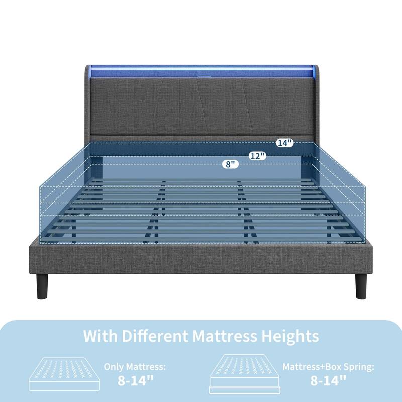 Twin Size Bed Frame with Charging Station and LED Lights, Modern Platform Bed with Slats