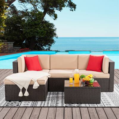 Futzca 5-Piece PE Wicker Outdoor Patio Furniture Set,Small Outdoor Couch Sectional Set with Ottoman