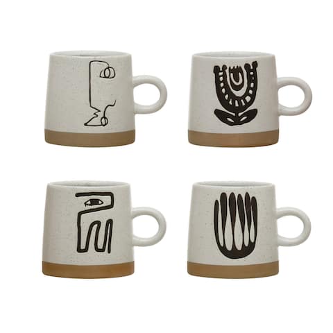 12 oz. Stoneware Mug with Abstract Design, White Speckled & Black, 4 Styles
