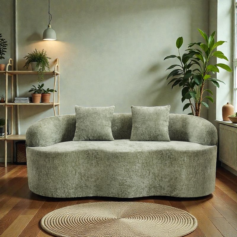 Curved Loveseat Sofa with Round Armrests, Compression Couch with 2 Pillows, Cream No Assembly Sofa