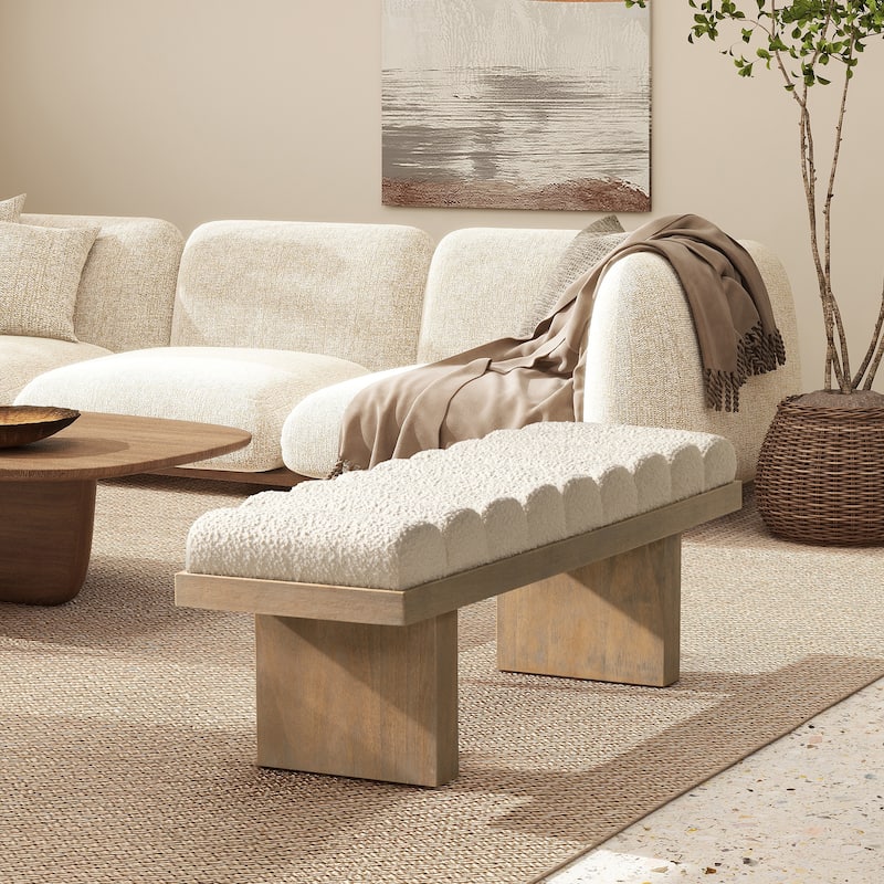 52" Upholstered Modern Accent Bench,Ivory White Boucle