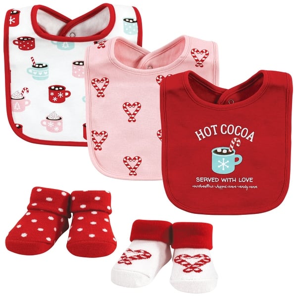 slide 1 of 1, Hudson Baby Infant Girls Cotton Bib and Sock Set, Hot Cocoa, One Size - Hot Cocoa - One Size One Size - Hot Cocoa