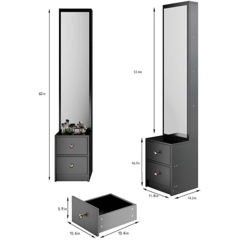 Simple Standing Mirror Cabinet with Storage Shelves, 63" Full-Length Mirror for Bedroom or Vanity Setup