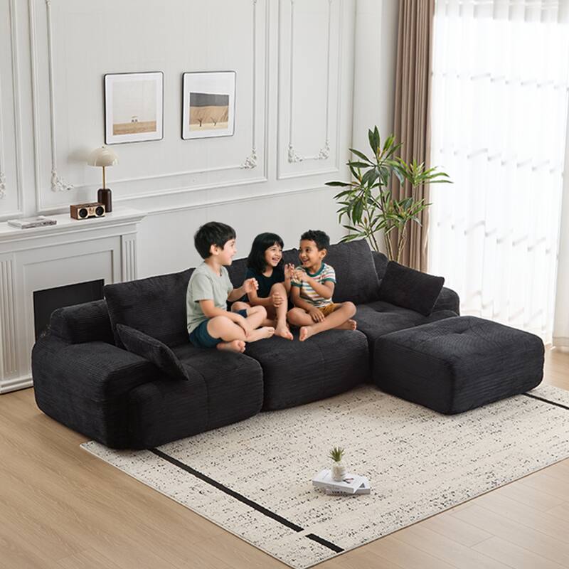 L Shaped Modular Sectional Sofa with Ottoman, Corduroy Upholstered Cloud Sofa, Compressed Sofa with Cushions & Throw Pillows