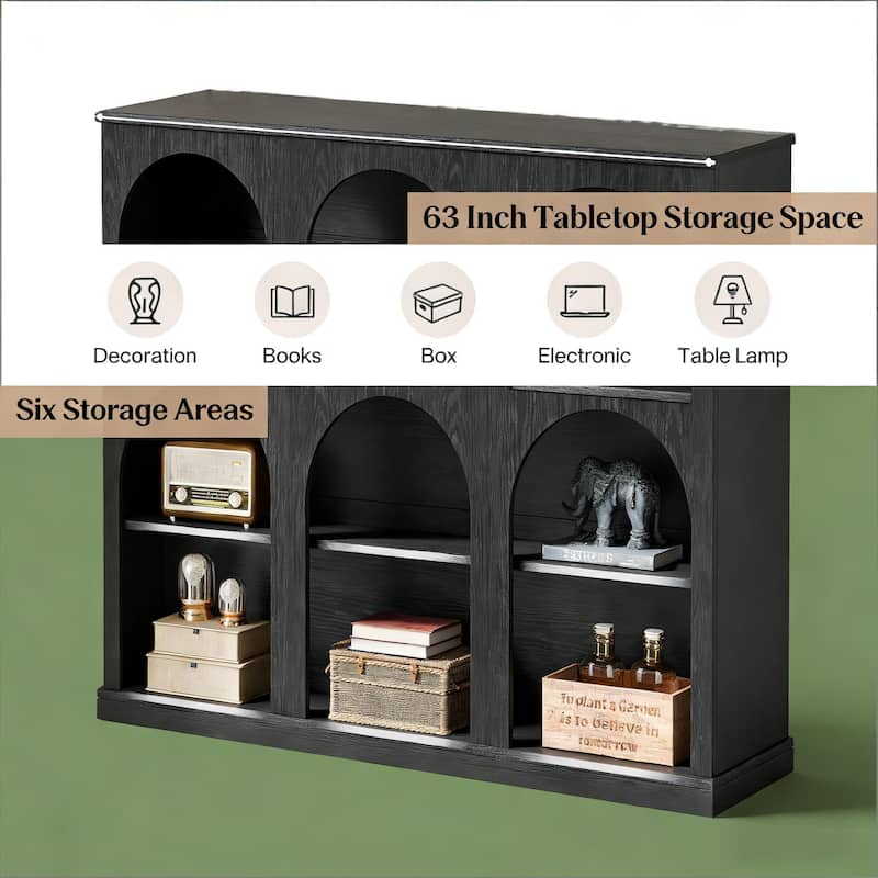 63" Rustic Arched Console Table with 3-Tier Open Shelving