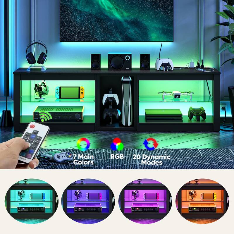 63" TV Stand Gaming Entertainment Center for TVs up to 70" with LED Lights Cabinet and Shelves