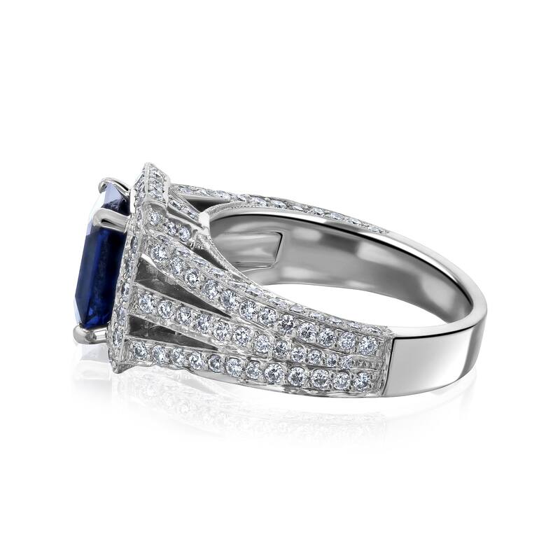 Kobelli 6.29 Carats Blue Sapphire & White Diamond Solid 14k White Gold Emerald-cut Rectangular Halo Split Shank Neptune Ring