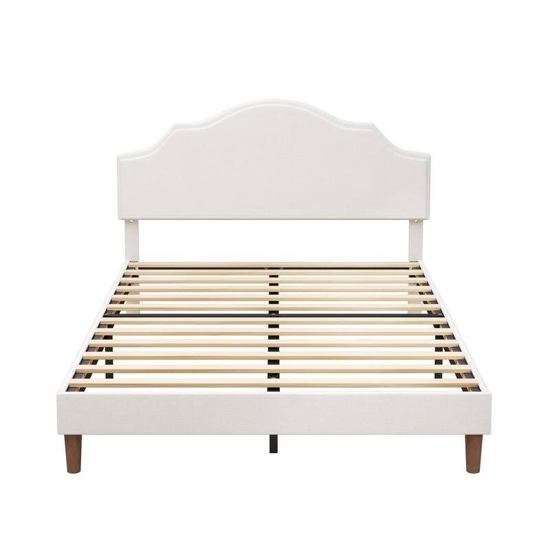 Modern Simple Linen Upholstered Bed Platform Bed Frame with Adjustable Curved Headboard and Wooden Legs for Bedroom, Guest Room