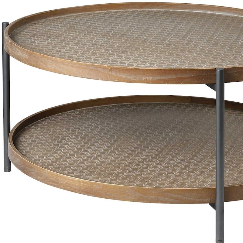 HomeRoots 33" Brown and Black Wood And Metal Two Tier Coffee Table - 33