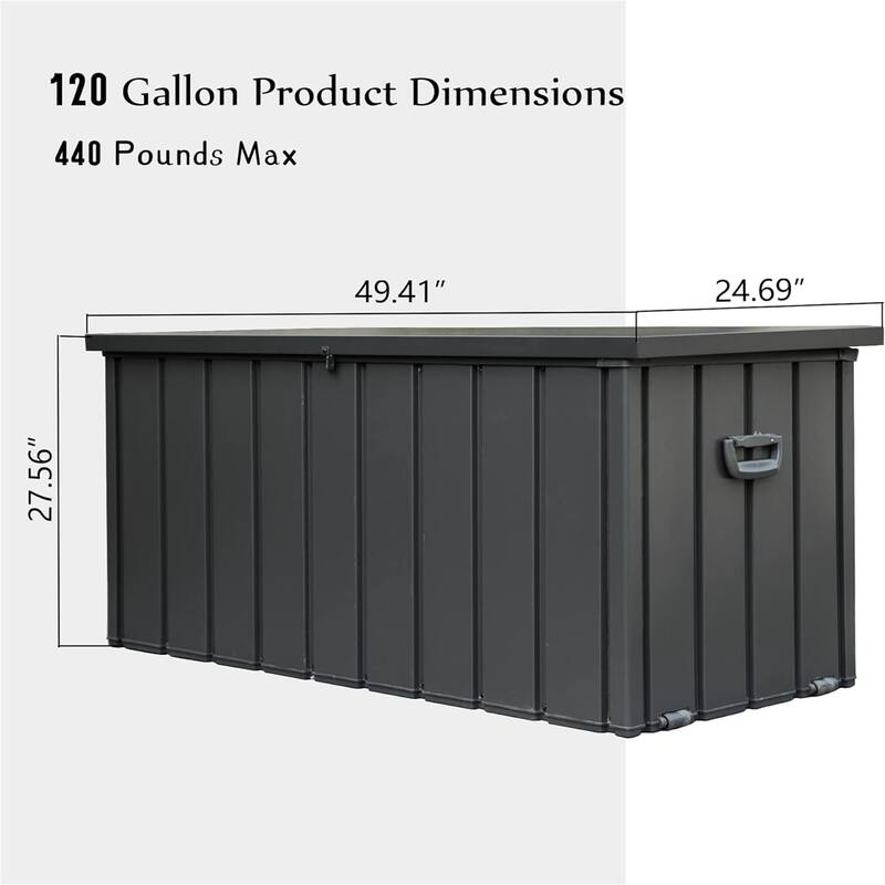 ​​Dark Gray Heavy Duty Steel Deck Box with Lockable Wheels, Seat and Table Lid for Outdoor Patio and Pool