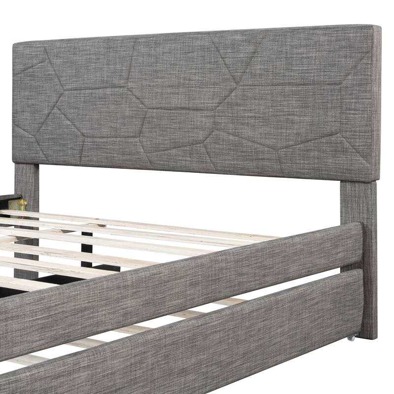Roomfitters Queen Size Upholstered Platform Bed Frame with Twin XL Trundle and Geometric Patterned Headboard