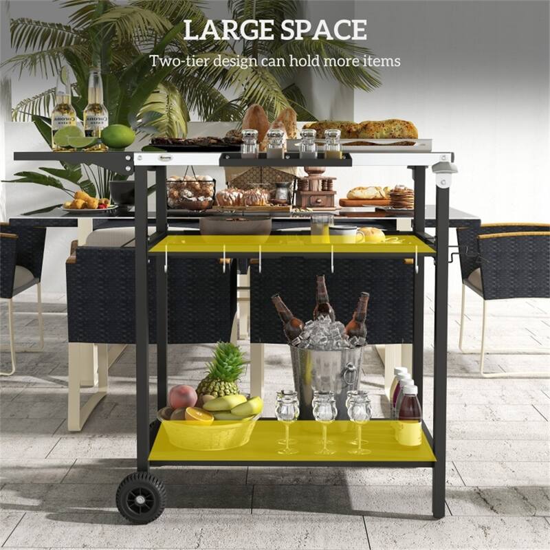 Stainless Steel Serving Cart with Two Shelves, Hooks, Spice Containers, and Foldable Table for Patio, Backyard