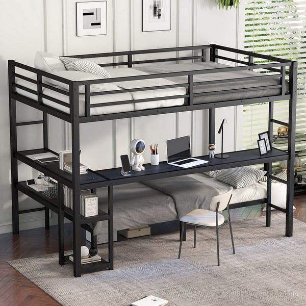 slide 2 of 10, FULL XL Over Twin Bunk Bed with Desk and Shelves, Multiple Placement, with LED and USB, Black Black - FULL XL