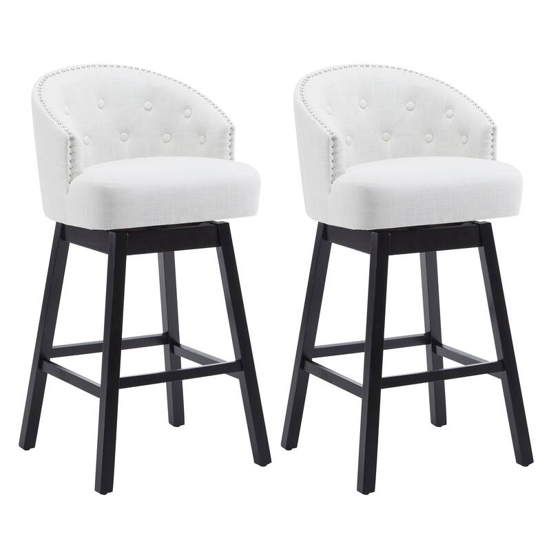 Set of 2 Swivel Counter Stools, 33.25" Upholstered with Backrest & Footrest - Black & Beige Rubberwood Frame