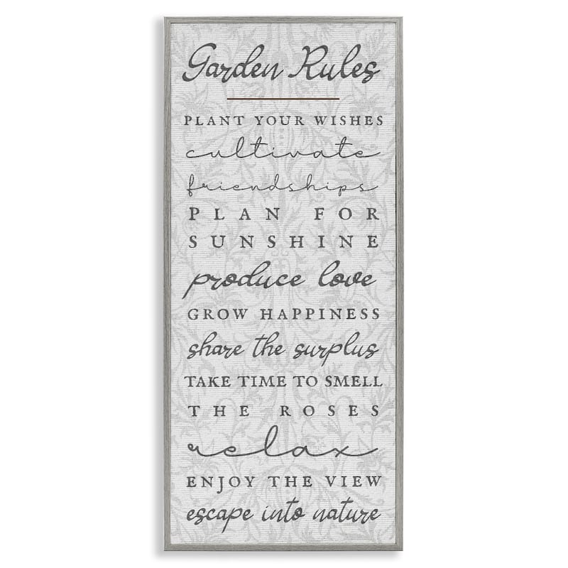 Stupell Garden Rules on Floral Pattern Framed Giclee Art Design By Lil' Rue - 13 x 30 - Grey