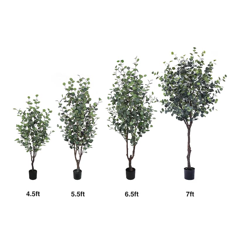 4.5ft Frosted Green Artificial Silver Dollar Eucalyptus Tree Plant in Black Pot - 54" H x 25" W x 25" DP
