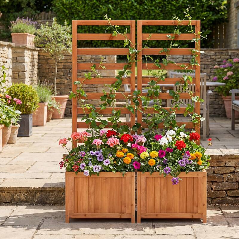 Gymax 2PCS 48'' Wood Raised Garden Bed w/Trellis Drainage Holes & Gaps